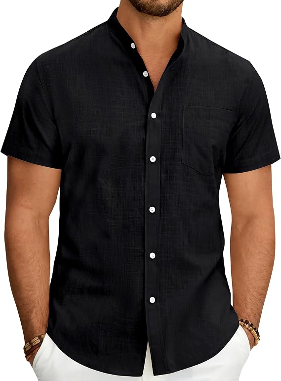 J.VER Mens Linen Shirts Short Sleeve Grandad Collar Regular Fit Summer Beach Holiday Casual Fashion Shirt with Pocket