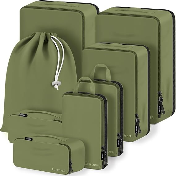 Compression Packing Cubes, Lumesner 8 Set Travel Essentials Packing Cubes for Carry on Suitcases, Compression Suitcase Organizers Bag Set & Travel Cubes (8-piece,Army green)