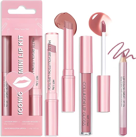 3Pcs Nude Pink Matte Lipstick Set,Liquid Lipstick Lip Balm & Lip Liner Kit,Richly Pigmented Velvety Lip Stain,Nourishing & Long-Lasting, 3Pack/Set