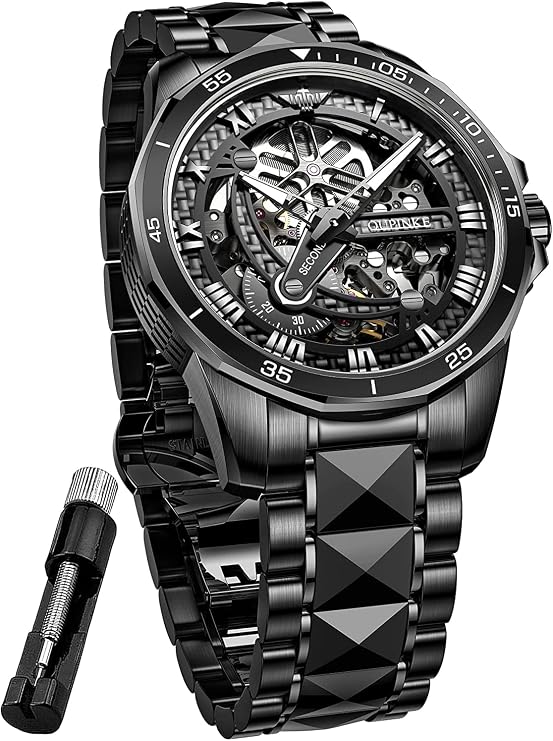 OUPINKE Watches Men Mechanical Self Winding Automatic Designer Waterproof Black Dress Metal Black Skeleton Stainless Steel Gent Wrist Watch