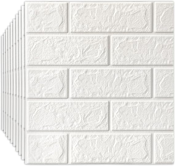 3D Brick Wallpaper Wall Stickers - Self-Adhesive and Waterproof Foam Panels, Easy to Install Peel and Stick Design for Home Decor, White, 10-Pack