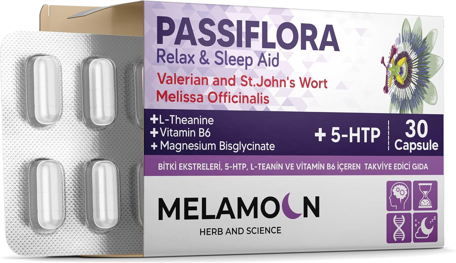food Supplement Containing Multibiotin Melamoon Passiflora, 5-HTP, L-Teanin Magnesium and Vitamin B6 30 Capsules