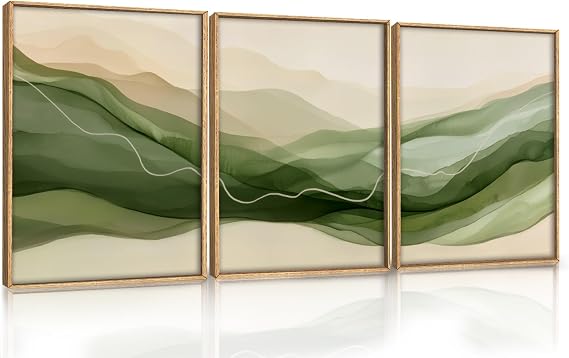 ANHUIB Abstract Framed Canvas Wall Art Set of 3 Ink Minimalist Green Beige Wall Decor Watercolor Modern Neutral Lines Artwork for Living Room Dining Room Bedroom Hallway Office Decoration 30x40cm