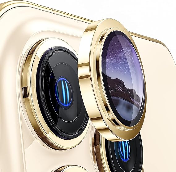URUCHI iPhone 14 Pro / 14 Pro Max / 15 Pro / 15 Pro Max SAFİR PREMIUM Kamera Lens Koruyucu, [Orijinal Tasarım] Çizilmez 9H Temperli Cam Kamera Ekran Koruyucu, Metal Lens, Gold