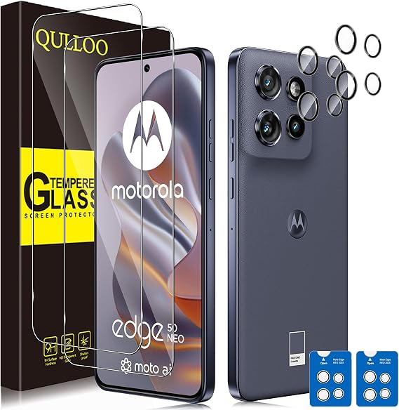 QULLOO Screen Protector for Motorola Moto Edge 50 Neo, [2+2 Pack] Tempered Glass & Camera Lens Protector, HD Anti-Scratch Easy Installation Protective Glass Film