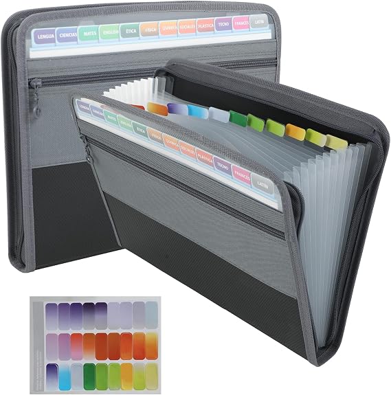 A4 Expandable Document Sleeve - Document Sorter with Zipper Closure - 13 Compartments - Document Folder Organizer with Front Pouch/Sticker Labels