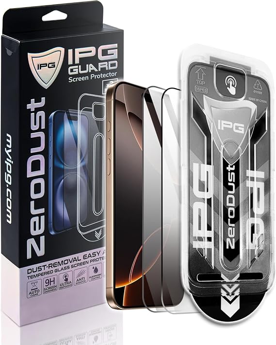 IPG Zero Dust – iPhone 16 Pro Max için Otomatik Toz Giderici Temperli Cam (2 Adet). Aplikatör ile Kabarcıksız ve Kolay Montaj, Parmak İzi Tutmayan 9H Çizilmez Yüzey, Tüm Kılıflarla Uyumlu