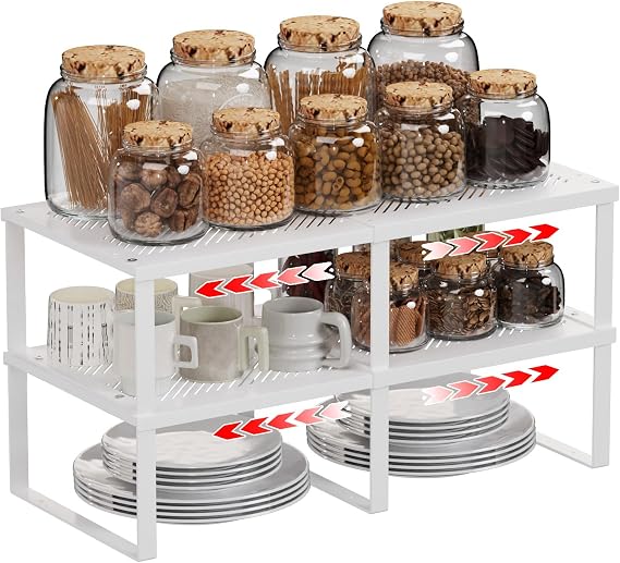 2 Pcs Stackable Kitchen Cabinet Shelf Organizer Counter Shelf 12.59" L x 11.02" Dx 6.29" H,Pantry Dishes Storage Shelves Rack