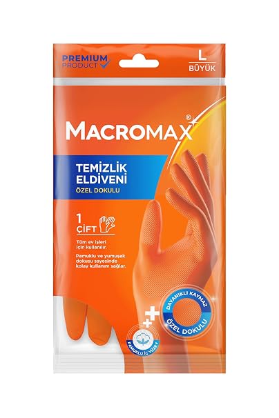 Macro Max Büyük Boy Large Beden Temizlik Eldiveni Pamuklu İç Yüzeyli, Kaydırmaz Desenli