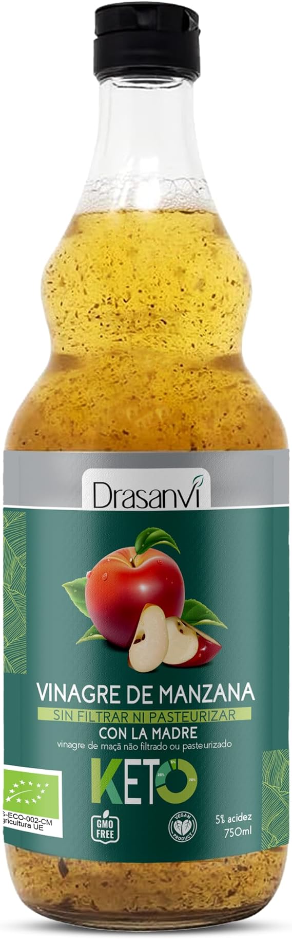 DRASANVI UNFILTERED MOTHER APPLE VINEGAR BIO CERTIFICATE | KETO Apple Cider Vinegar | Apple Cider Vinegar |Organic Apples | VEGAN - GLUTEN FREE - 75cl