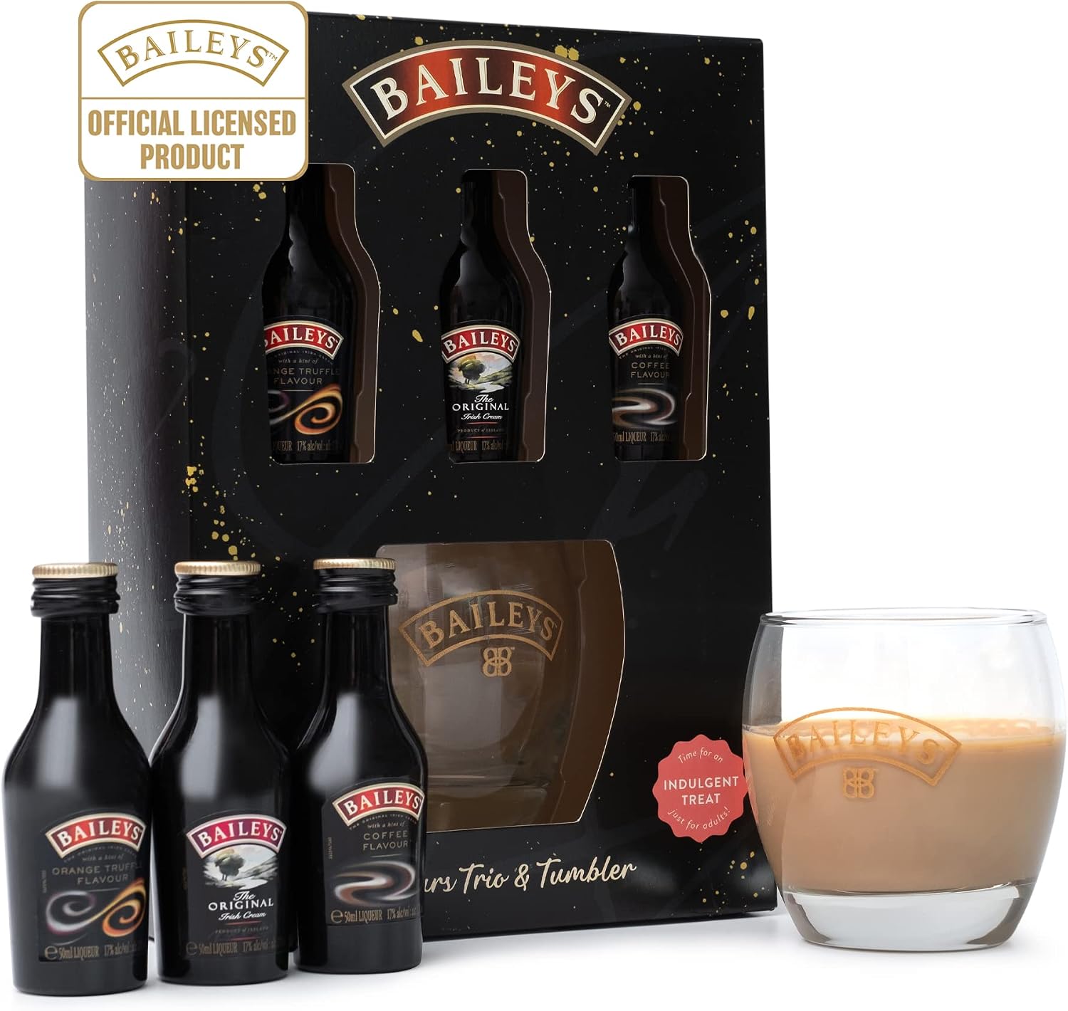 Baileys Gift Set - Baileys Irish Cream, Orange Truffle, Coffee Liqueur x3 Alcohol Miniatures 5cl Bottles and Glass - Christmas Alcohol Gift Sets for Women, Men, Stocking, Secret Santa and Mum Gifts