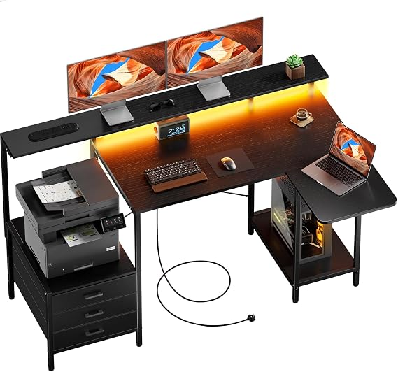 DLONGONE Computer Desk with Storage & Drawers, 140 x 85 cm Corner Desk