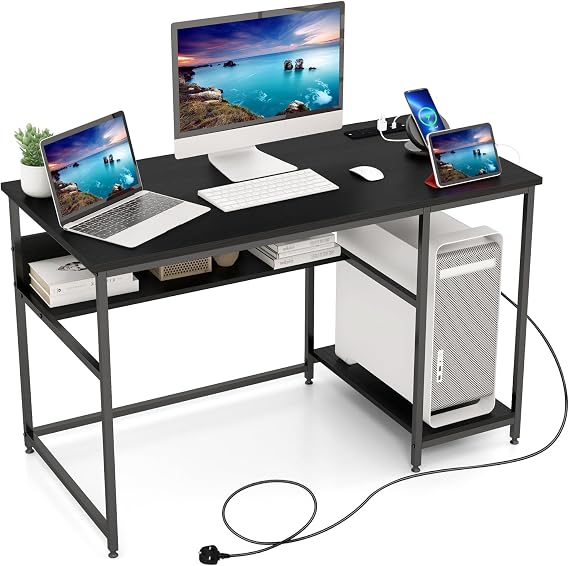 COSTWAY Computer Desk, 120CM Study Table Writing Workstation with Storage Shelf and CPU Stand, Wooden PC Laptop Table Gaming Working Desk for Home Office Bedroom, 120 x 60 x 75cm (Black)