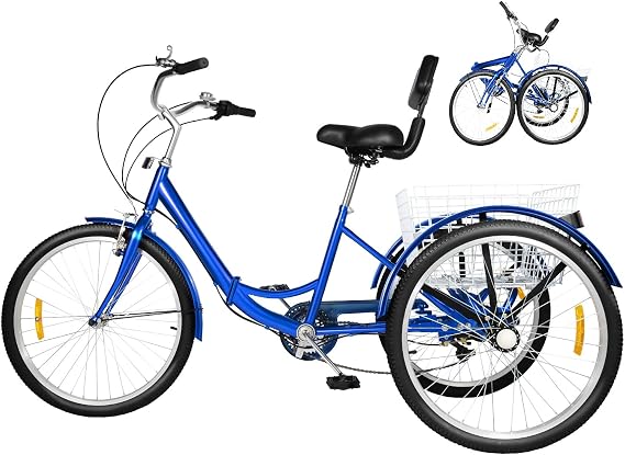 24" Foldable Tricycle for Adults and Seniors, 7 Speed Adjustable Three Wheel Bike with Backrest and Shopping Rear Basket for Men and Women, Blue