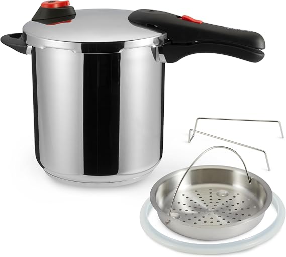 Amazon Basics Stainless Steel Pressure Cooker with Steamer and Extra Silicone Ring, 9 Litres