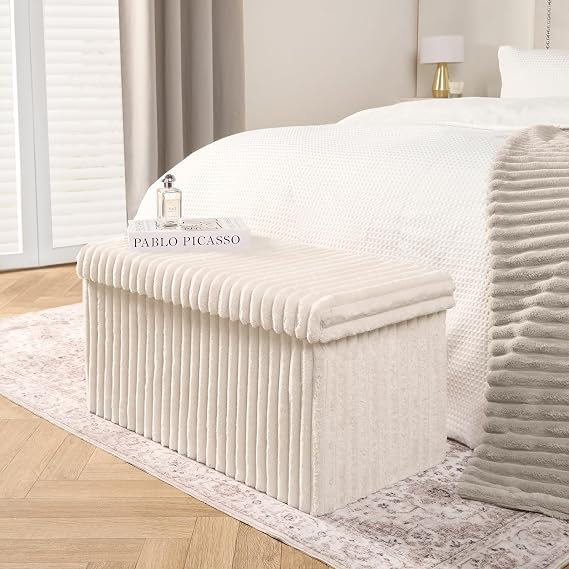 OHS Rectangle Storage Ottoman Box, Modern Cream Ribbed Footrest with Hidden Storages Padded Large Storage Ottoman with Lid Space Saving Bench for Living Room Bedroom, One Size