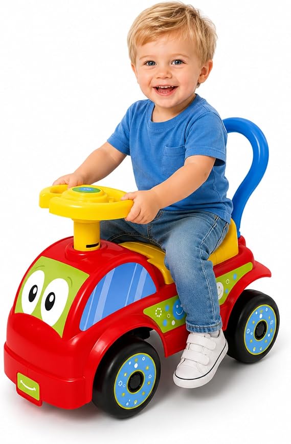Bingit Oyuncak Araba Direksiyonlu Çocuk Binek Arabası Bebek ve Çocuklar İçin Sürüş Arabası Korna Sesli Koltuk Altı Bagajlı Eğlenceli İlk Araba +12 Kırmızı Pembe
