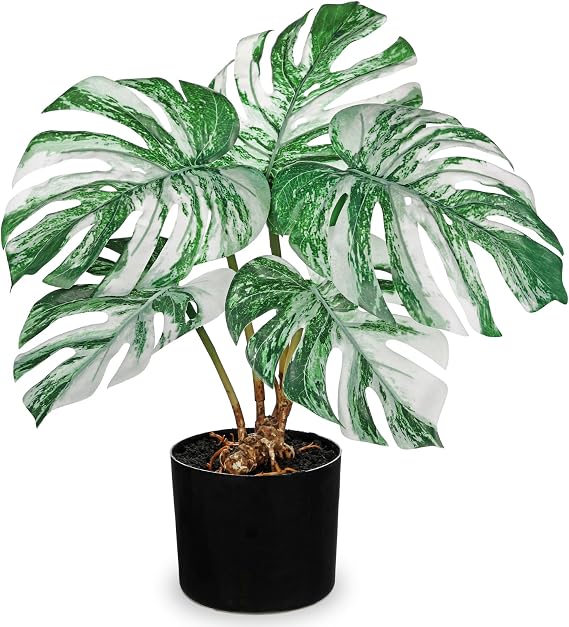 Large Artificial Monstera Plants Indoors 48cm Tall Faux Monstera Plant in Black Pot Fake White Plant Potted Artificial House Plants for Bathroom Living Room Home Office Table Decoration