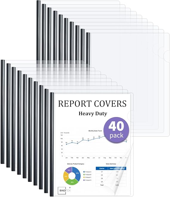 Binditek 40 Pack Clear Report Covers with Sliding Bars, 100 Sheet Capacity, Letter Size, 15mm Sliding Bar File Folder Binder, Black, for Students and Coworkers
