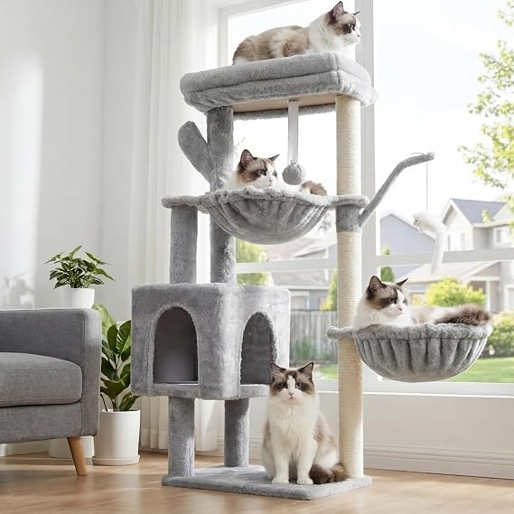 Heybly Cat Scratching Tree 100 cm High with Large Platform, Cave, 2 Hammocks, Toys and Tree for Climbing with Scratcher, Light Grey HCT006SW