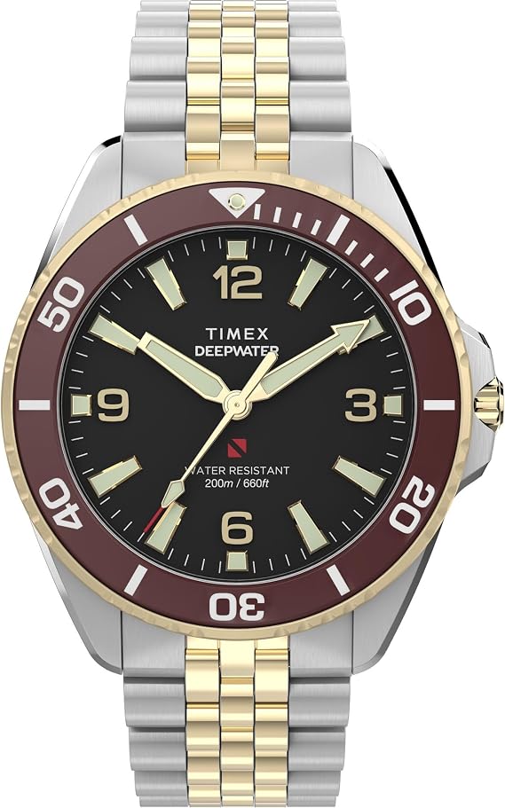 Timex メンズ ディープウォーター アークティック 40mm 腕時計 - ツートンカラー ブレスレット ブラック ダイヤル シルバートーン ケース