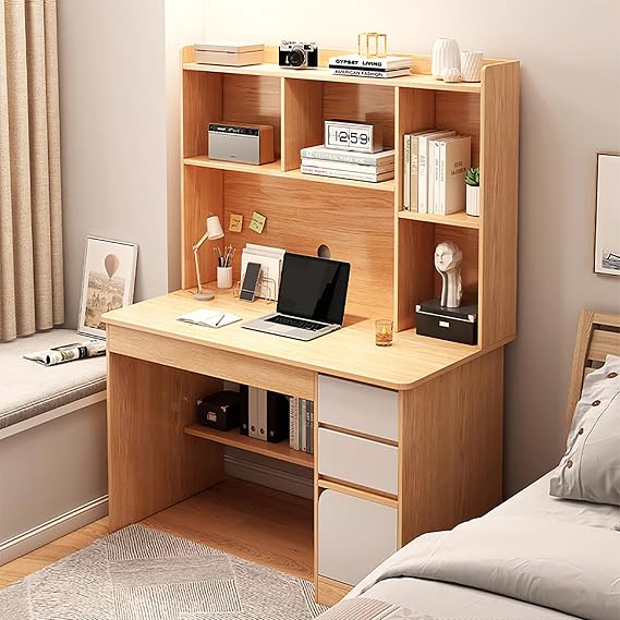 Computer Desk with Hutch,Wood Writing Desk with Storage Drawers and Shelves,Workstation PC Laptop Desk for Office,Home(100x45x131cm, Wood)