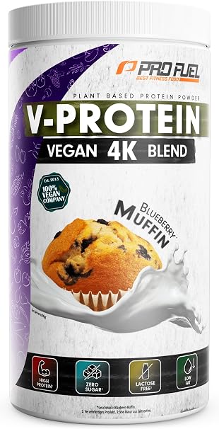 Vegan Protein Pulver BLUEBERRY MUFFIN 750g – V-PROTEIN 4K Blend - Unglaublich lecker & cremig - Aus Sonnenblumen Soja Hanfsamen & Kürbiskernen - Pflanzliches Eiweißpulver mit 78% Eiweiß