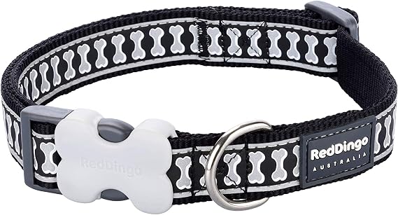 Red Dingo Bucklebone Dog Collar Reflective Bones, Black, X-Small 12mm