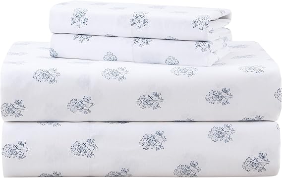 Comfort Spaces 100% Cotton Sheets King, Breathable, Naturally Cool Cotton Sheets, Soft Cotton Bed Sheets with 14" Elastic Pocket Fits up to 16" Mattress, All Seasons Sheet Set, Floral Blue 4 Piece