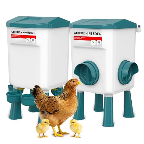 MaciRept Hanging Automatic Chicken Feeder and Waterer Set No Waste,Outdoor Poultry Feeder with Detachable Legs,Outdoor Farm & Backyard Use - Lake Blue,8KG