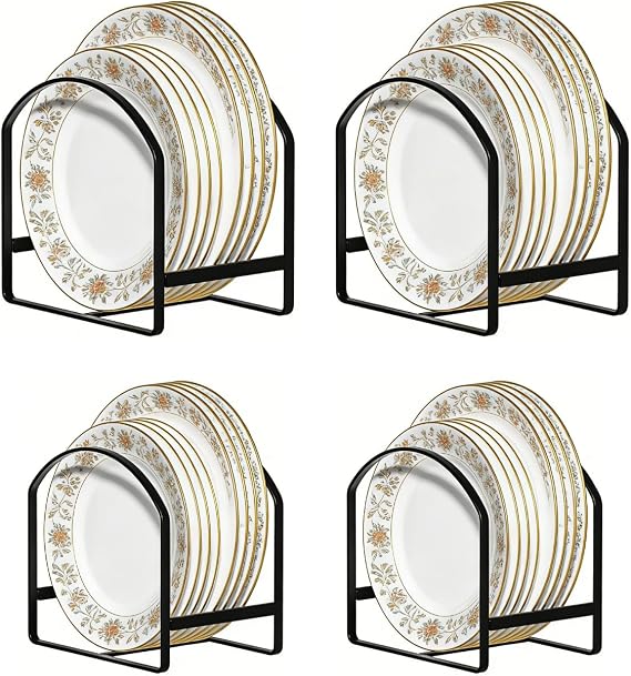 4 Pack Kitchen Plate Holder Organizer for Cabinet Space Saver Dinner Dish Plate Storage Rack Upright Dish Drying Racks Metal Plate Dish Racks Stand for Cupboard and Countertop 2 Large 2 Small Black