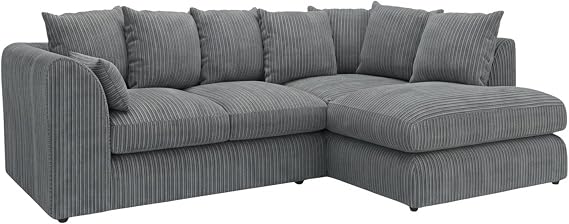 Gamzo Outlet Jumbo Cord Corner Sofa Right Hand Facing L Shaped Sofa, Grey