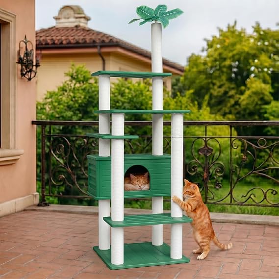 74" Tall Outdoor Weatherproof Cat Tower Multi-Level Cat Tree Large Cat Condo with PVC Board and Cat Scratching for Outdoor and Indoor Cat House