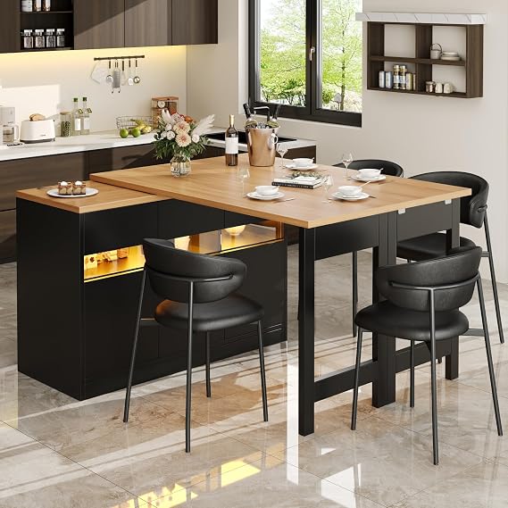 360° Swivelling Extendable Dining Bar Table with LED Lighting, 40(80)x120-180cm extendable tabletop, Kitchen Island with Glass Door Storage Cabinet Unit, for living room, dining room (Black1)