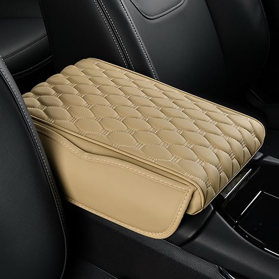 Einesin Car Armrest Cushion, PU Leather Auto Center Console Pad, Memory Foam Armrest Box with Storage Bag, Hand Rest Pillow with Organizer Pockets, Universal Fit for Most Vehicles (Beige)