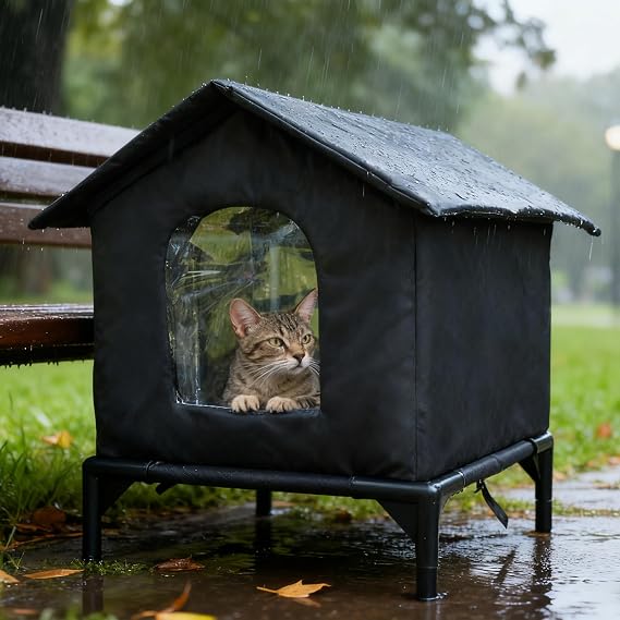 Insulated & Weatherproof Cat House, Elevated Outdoor Cat Shelter | Foldable Pet Hideaway For Garden Patio Backyard Indoor Winter Summer Pet Bunny Kitten Animal