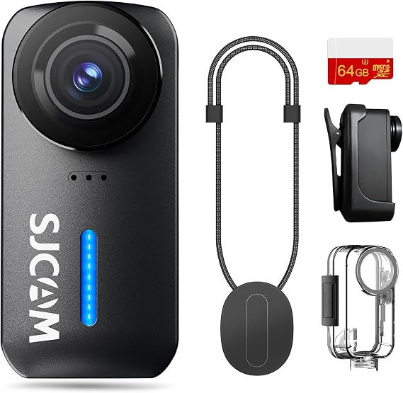 SJCAM C110Plus POVカメラ、64GB 4KミニPOVボディカメラ、170°画角、6軸スタビライゼーション、防水、ウェアラブルアクションカメラ（水中・スキー・バイク・子供向け）、ヘルメットマウント付き