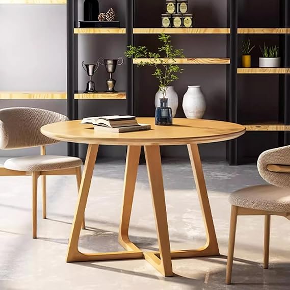 Mid Century Modern Round Dining Table,Rubber Solid Wood Kitchen Table with V-Shaped Base,Rustic Meeting/Coffee/Leisure Table, Space Saving(35.4" L x 35.4" W x 29.5" H, Natural)