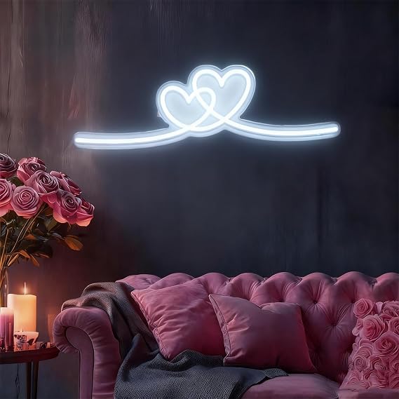 White Double Heart Neon Sign,Dimmable Neon Heart Lights, LED Love Decorations Lamp 5V USB Power for Birthday,Wedding,Valentine's Day,Party Decor