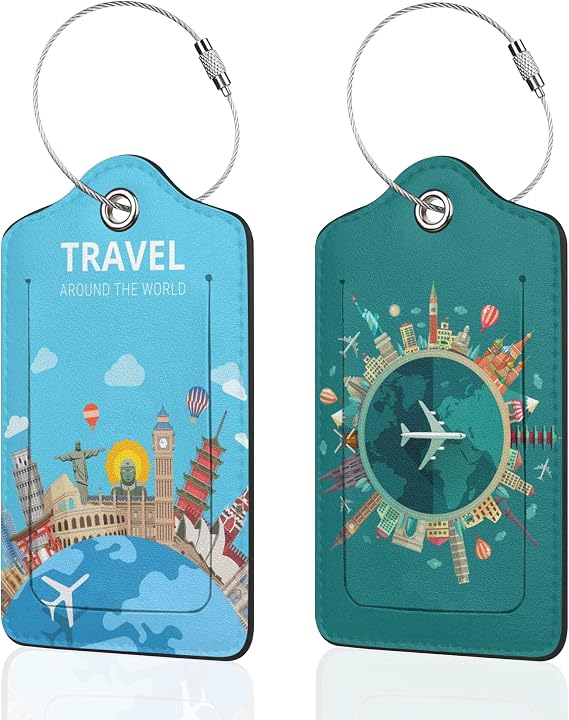 2 Pack Luggage Tag for Suitcase Travel Around The World Unique Travel Tags with Privacy Leather Cover ID Label & Stainless Steel Loop for Men and Women Baggage