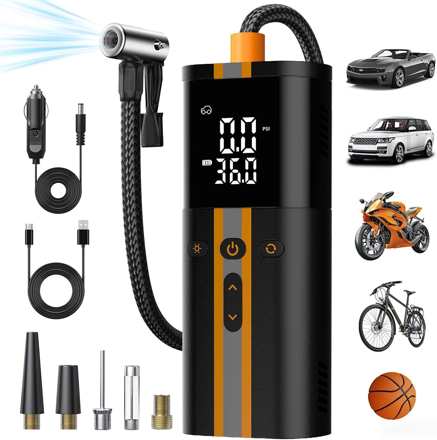 TowerTop Tyre Inflator Air Compressor, 12V DC 150 PSI Dual Power Car Tyre Pump, 6000mAh Cordless Tyre Inflator, 2X Faster Inflation with 4 Preset Modes, Digital Pressure Gauge, Memory Function, LED