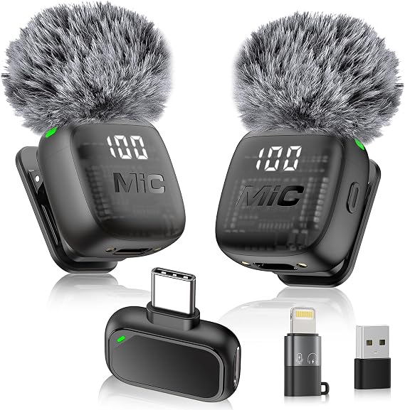 2 Mini Microphones, Wireless Lavalier Microphone for iPhone Android Laptop