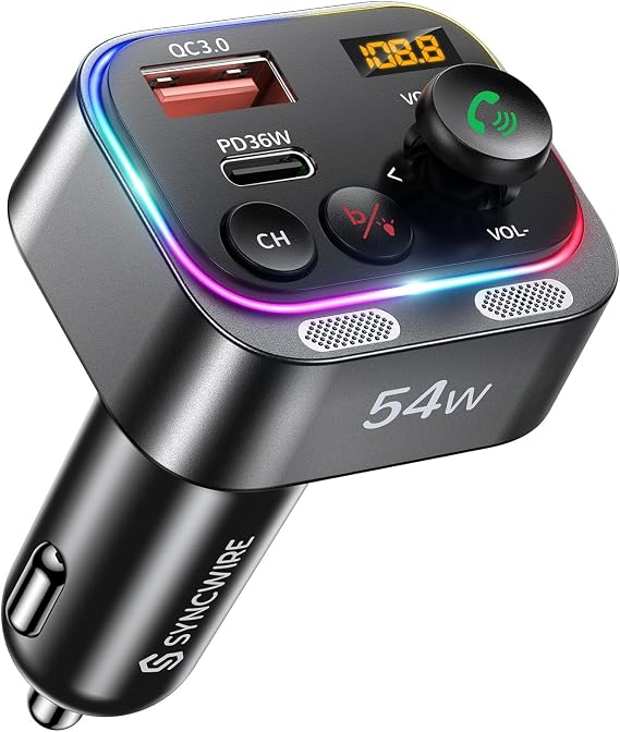 Syncwire Bluetooth 5.4 FM Transmitter Car Charger 54W PD&QC3.0 USB C Car