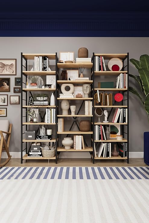 ASRA TREND Safir Meşe Desen METALK03 3 Modüllü 17 Raflı Endüstriyel Metal Kitaplık 165 cm Geniş Modern Salon Kütüphanesi%100 MDFLAM Raf Ünitesi