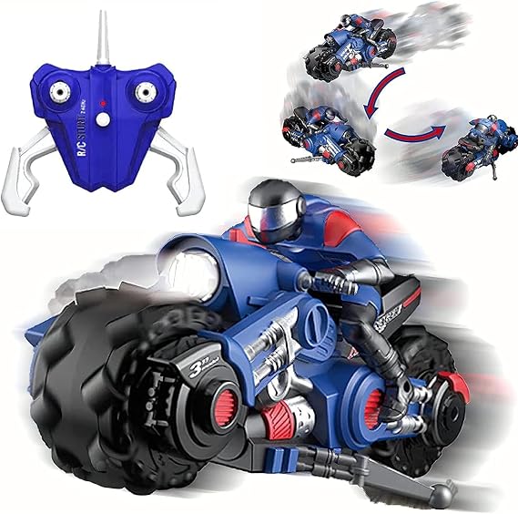RC Motorcycle RC 2.4GHz Wireless Stunt Bike Easy Operation Motorcycle RC Car LED Light 1/10 Toy Children Boys Girls Kids Gift Christmas Present Blue