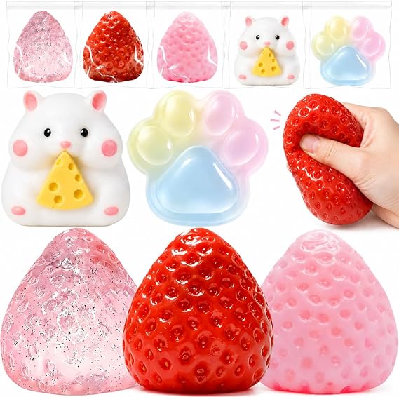 5PCS Strawberry Squishy Toys, Cute Fruit Squeeze Stress Relief Fidget Sensory Toys, Washable Sticky Squishies for Kids Adults, ADHD Anxiety Calming Desk Accessories, Birthday Party Favors Gifts
