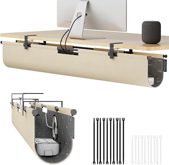 Under Desk Cable Management,No Drill Standing Desk Wire Management,Felt Cord Organizer Tray For Office, Home (Khaki/Gray, 45.3"）