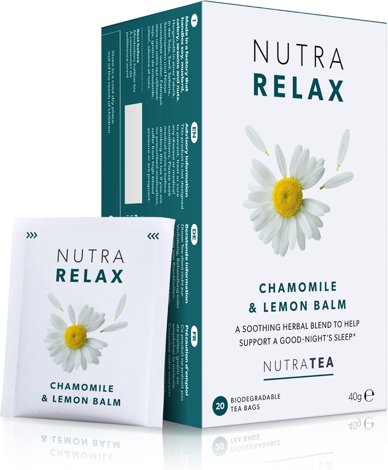 Nutra Tea NUTRARELAX - Night Time Tea For Sleep And Calm | Relaxing Tea Blend Including Chamomile, Passionflower & Lemon Balm - 20 Individual Wrapped Bags - Herbal Infusion 1 Pack