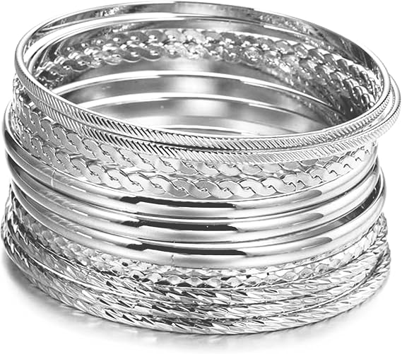 10 Pcs Silver Bangles, Bracelets for Womens, Silver Bracelet for Women Ethnic Glossy Textured Bracelets Minimalist Bangle Set for Women Suitable for Wedding Dating