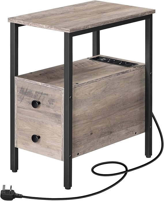 HOOBRO Side Table, Narrow Bedside Table with Charging Station, USB Ports and Power Outlets, Slim Side Table for Small Spaces, 2 Drawers, Industrial Nightstand, Greige and Black EBG548KBZ01G1